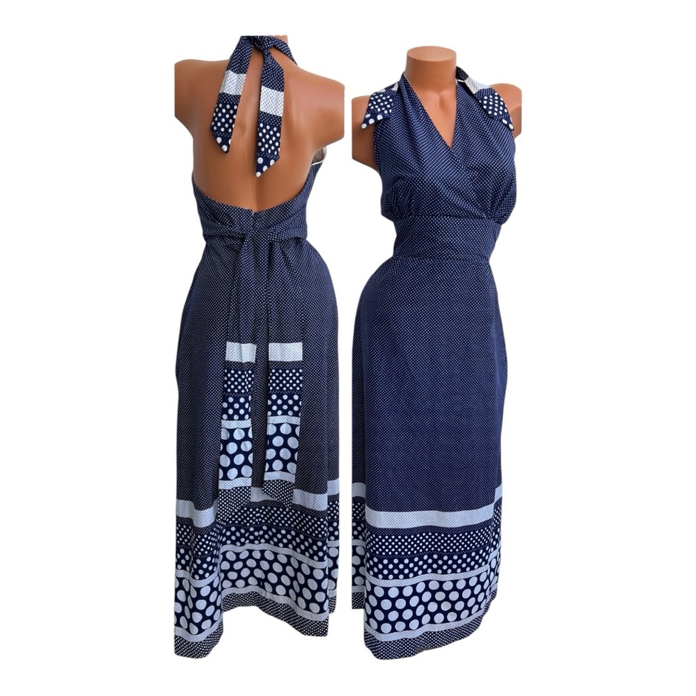 Vintage Navy Blue White Polka Dot Halter Maxi Dress  Made In California sz S